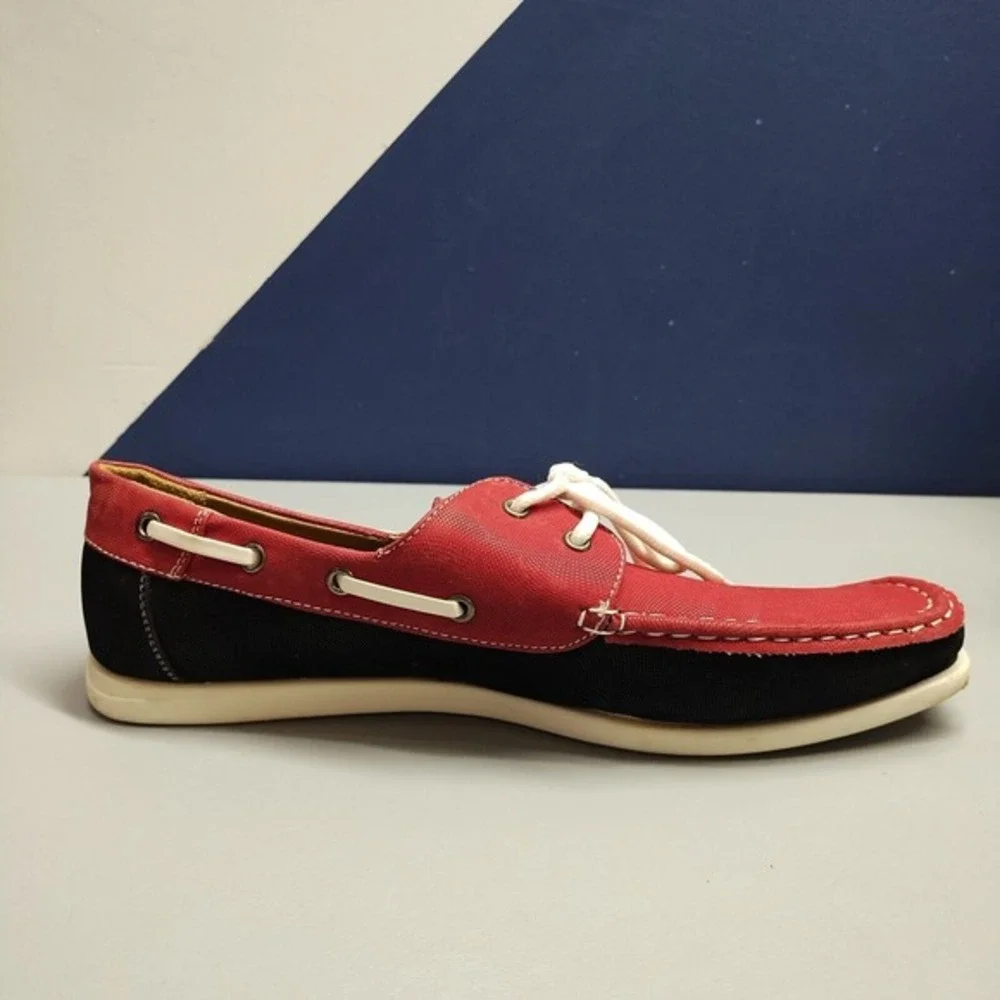 Tim Evans‎ England Loafers Boat Shoes Mens Size 11 Red Black Canvas Lined Laces